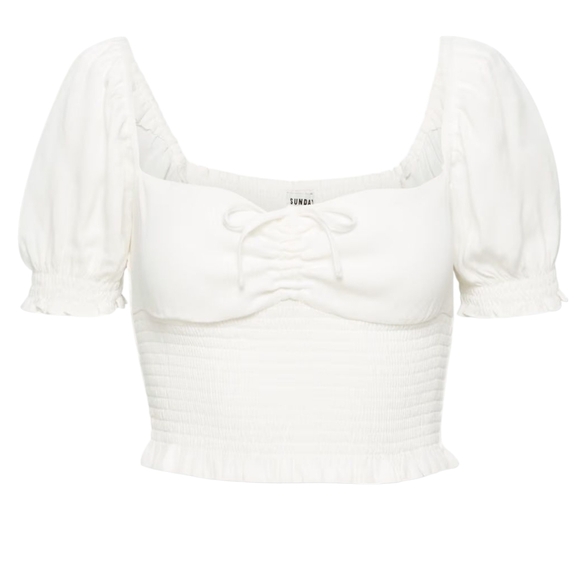 Aritzia Sunday Best Sinatra Blouse Coquette White Ruched Puff Sleeves Women's L - Picture 1 of 13